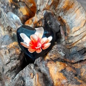 Handblown Clear Glass Pendent with Pink Flower Inside